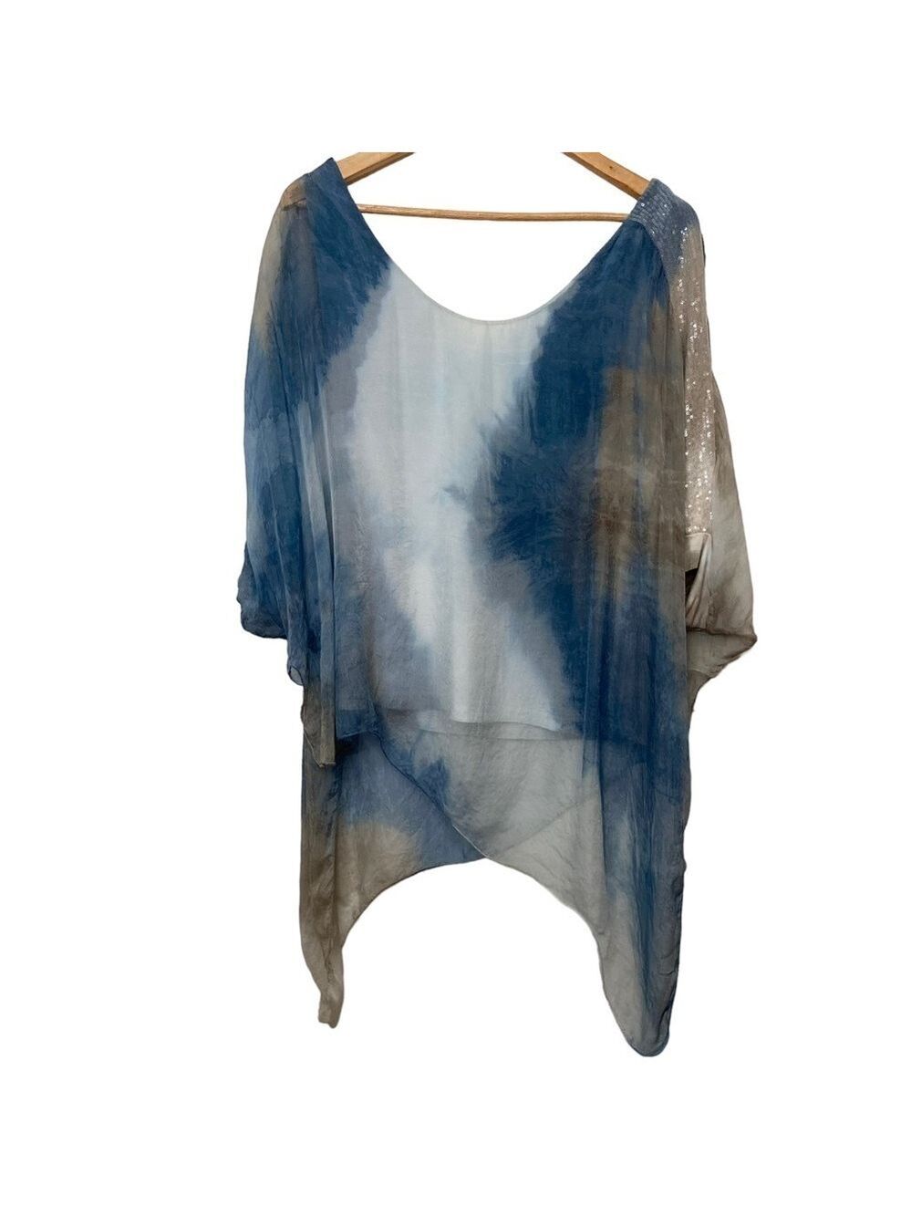 Amanti Italy 100% silk top flowy tie dye white blue beige sequins size medium